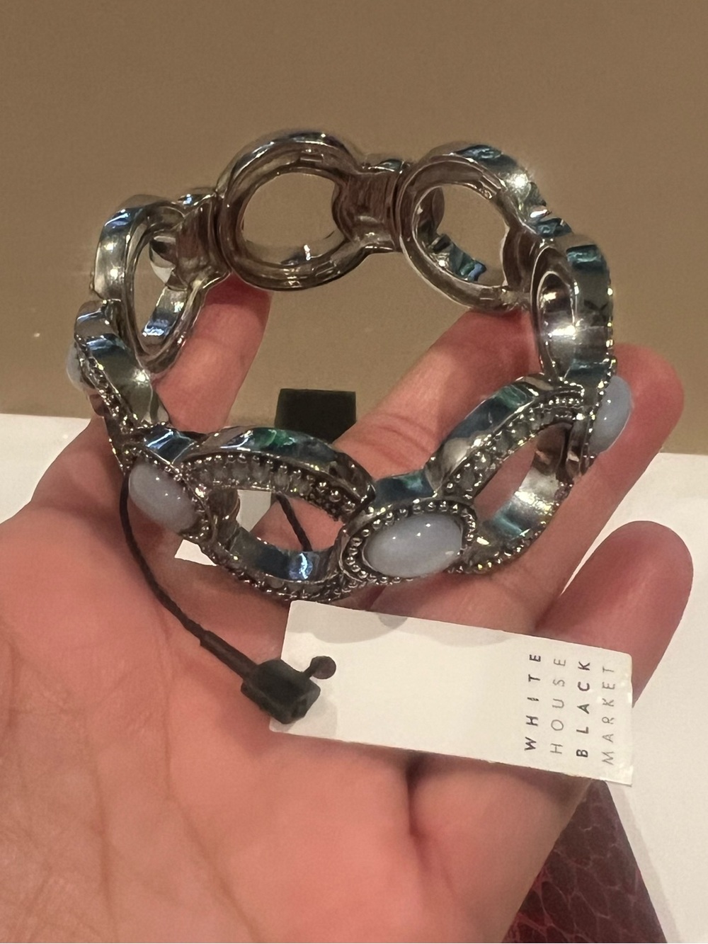 NWT White House Black Market Silver-Tone Linked Bracelet with Lavender Cabochons